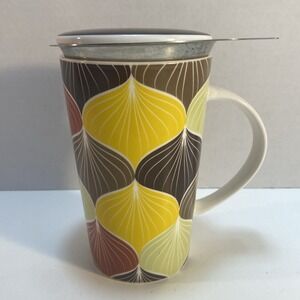 Teavana Tall Tea Mug Cup Ceramic Infuser Lid 12 Oz Coffee 2014 Brown Yellow‎
